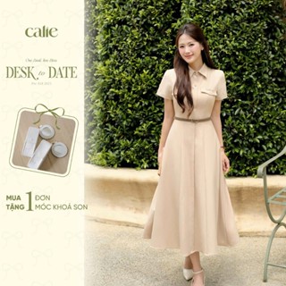 (Desk to Date) Đầm sơ mi be nâu, có thêu nắp túi, chất liệu cao cấp, form basic thanh lịch thời trang nữ Calie VX303