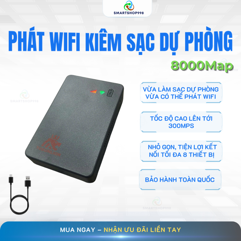 Phát Wifi Kiêm Sạc Dự Phòng Pin 8.000mah Từ Sim 4G/5G Tốc Độ Cao Kết nối 8 Thiết Bị , Smartshop998 MAY DEN 8000
