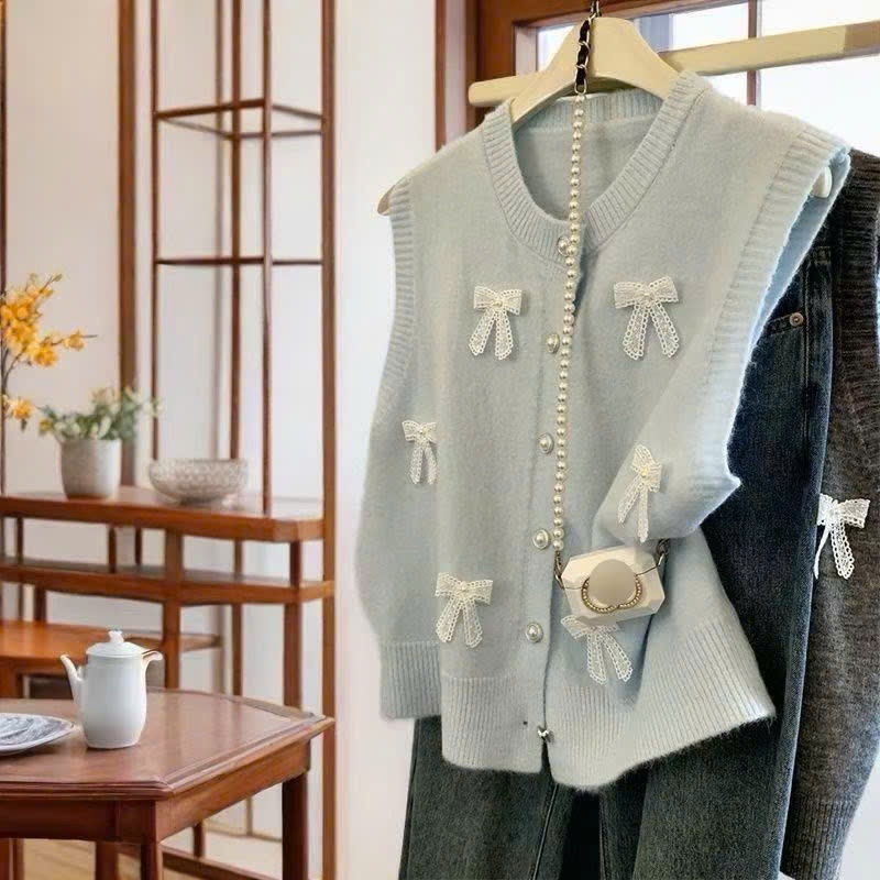 [SẴN] Áo gile len phối nơ phong cách tiểu thư nhẹ nhàng, Áo len không tay màu sắc basic dễ phối đồ - 018 | BigBuy360 - bigbuy360.vn