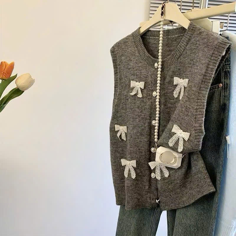 [SẴN] Áo gile len phối nơ phong cách tiểu thư nhẹ nhàng, Áo len không tay màu sắc basic dễ phối đồ - 018 | BigBuy360 - bigbuy360.vn