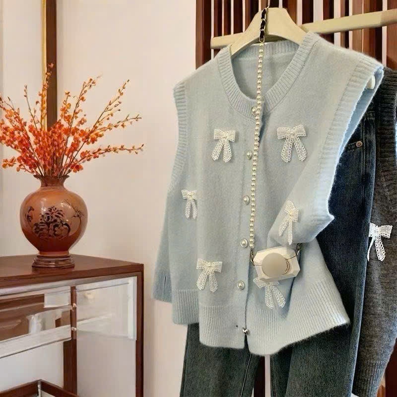 [SẴN] Áo gile len phối nơ phong cách tiểu thư nhẹ nhàng, Áo len không tay màu sắc basic dễ phối đồ - 018 | BigBuy360 - bigbuy360.vn