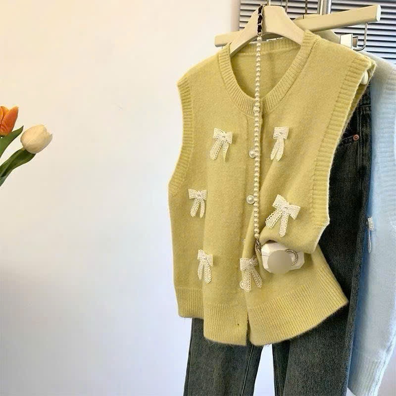 [SẴN] Áo gile len phối nơ phong cách tiểu thư nhẹ nhàng, Áo len không tay màu sắc basic dễ phối đồ - 018 | BigBuy360 - bigbuy360.vn