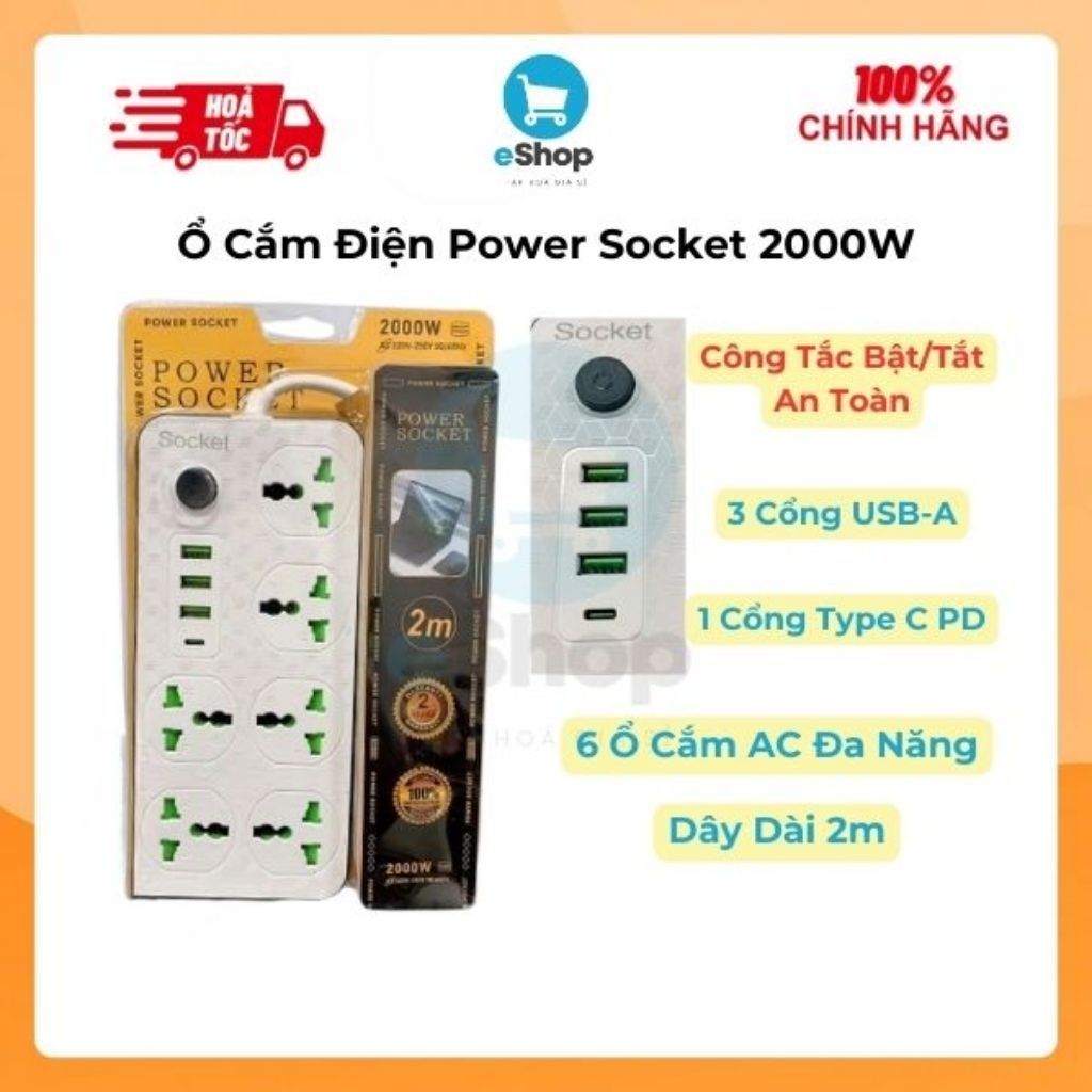 Ổ Cắm Điện Đa Năng Power Socket 2000w - 6 Cổng AC + 3 Cổng USB + 1 Cổng C PD (Tặng Chuyển 2 Chân)