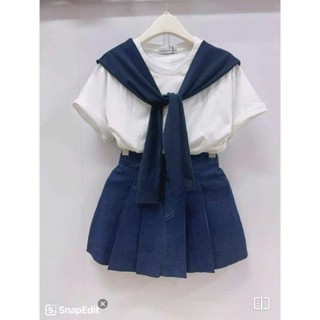  Set Áo Thun Trắng Basic mix Chân Váy Jean Xếp Ly kèm cà vạt Outfit Đi Học Cực Xinh 