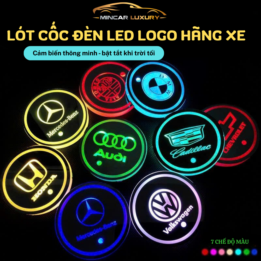 Lót Cốc Nước Trên Ô TÔ Logo Hãng Xe Có Đèn LED RGB Cảm Biến Rung Chống Trượt Cổng Sạc USB - Logo