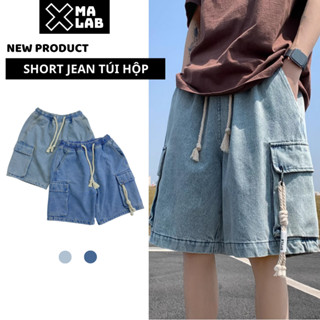 Quần short jean nam túi hộp ống rộng XMALAB phối dây, quần bò lửng nam cạp chun cargo pant  B115