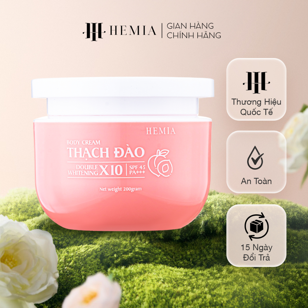 Kem body trắng da thạch đào, dưỡng thể trắng da HEMIA không bết dính, duy trì độ ẩm cho da hộp 200gr