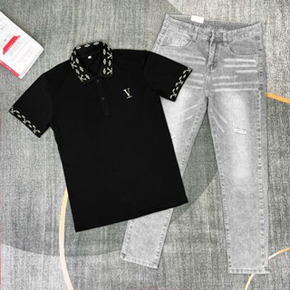  COMBO ÁO ĐEN CỔ TRỤ TAY NGẮN NAM PHỐI QUẦN JEAN XÁM KHÓI DÀI RÁCH  CHẤT COTTON MỊN THOẢI MÁI 