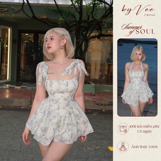 [LIVESTREAM GIẢM SÂU] Đầm váy cup ngực hoa xô thêu xanh blue dây buộc Grainne Dress - ByveeStyle,