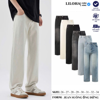 (LILOHA) Quần Jean Nam Dài Ống Suông Rộng Màu Trắng Form Đứng Tôn Dáng Chất Denim Cao Cấp Phong Cách Hàn Quốc