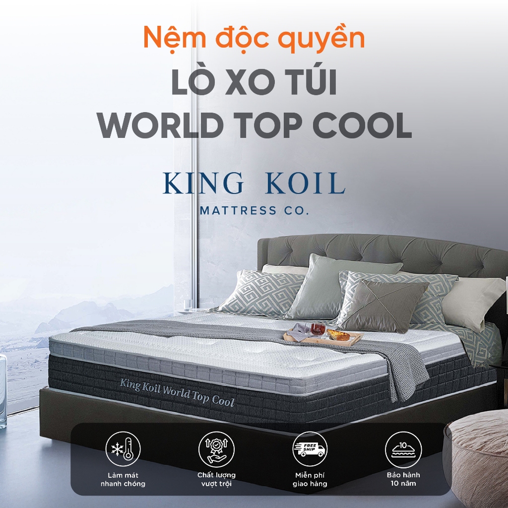 Nệm Lò Xo Túi Cao Cấp King Koil World Top Cool, Vải Cool Knit Fabric Làm Mát Độ Cao 32cm
