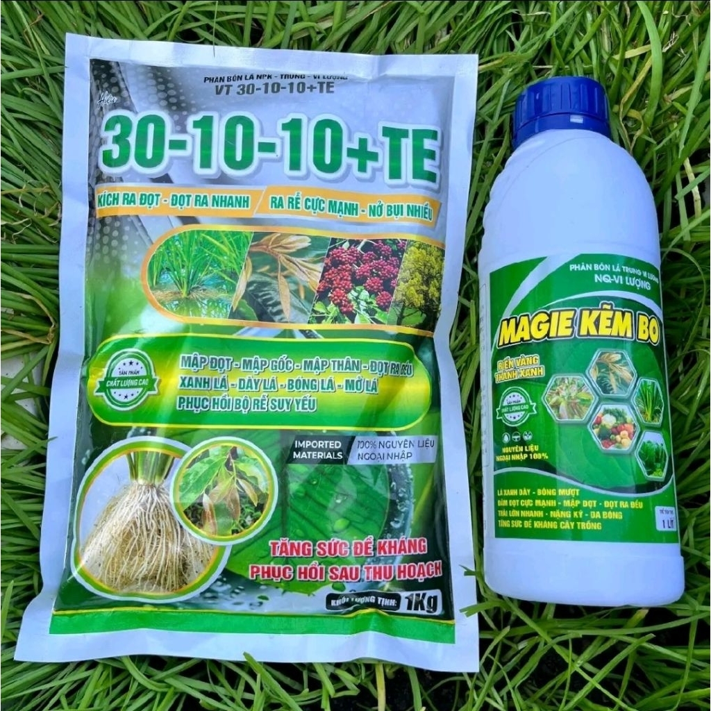 Bộ đôi chai 1 lít Magie Kẽm Bo vs 1 ký 30-10-10 giúp lá xanh  dầy đọt ra mạnh