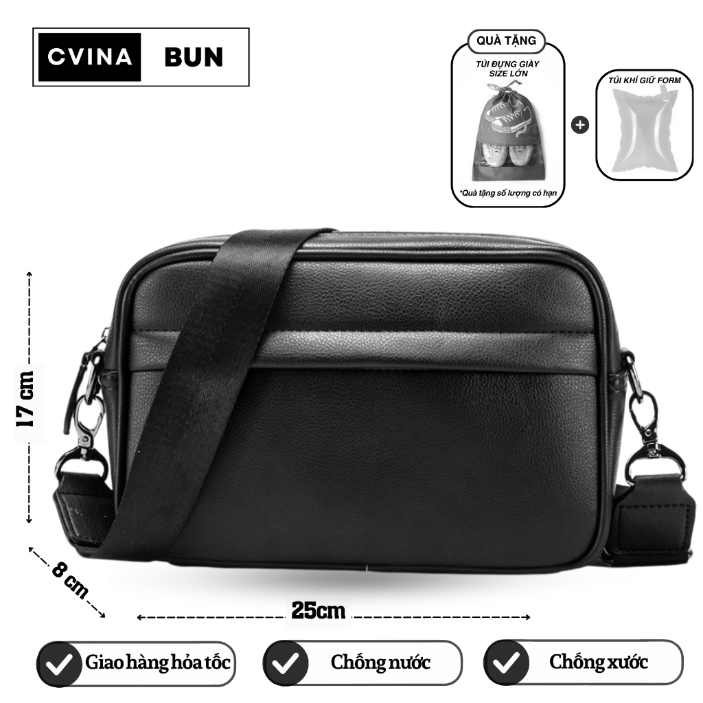 Túi đeo chéo thời trang nam nữ Cvina_Bun màu đen trơn bóng da Pu phong cách trẻ trung, năng động