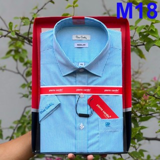 Áo Sơ Mi Nam, Sơ Mi Kẻ Sọc Xanh Lam Ngắn Tay, Sơ Mi Nam Pie Car Mẫu Thị Trường Hàn Quốc M18