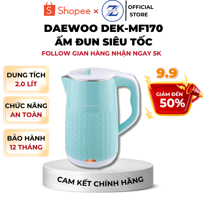 Ấm siêu tốc tiết kiệm điện công suất 1500W Daewoo DEK-MF180 dung tích 2 lít - Bảo hành 12 tháng