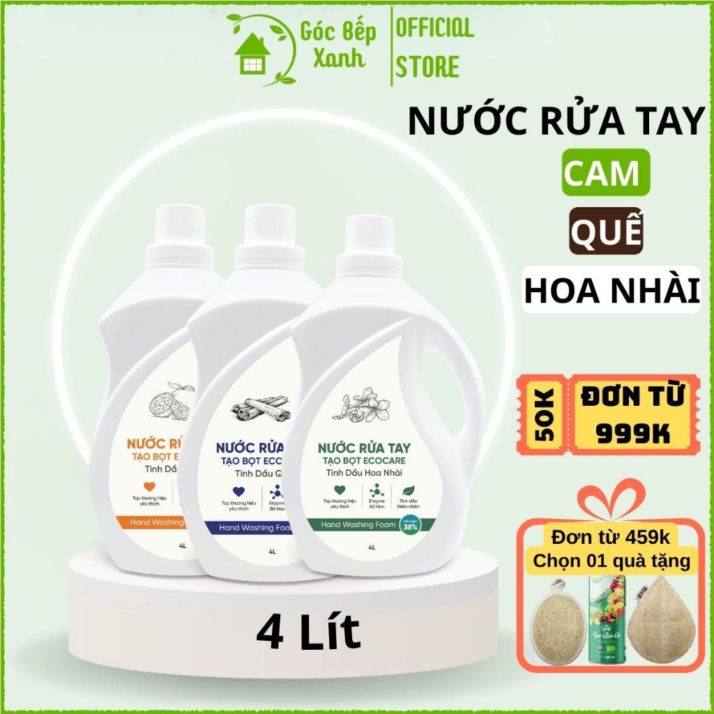 Nước rửa tay Ecocare bồ hòn hữu cơ dạng bọt cam, quế, nhài can 4 lít