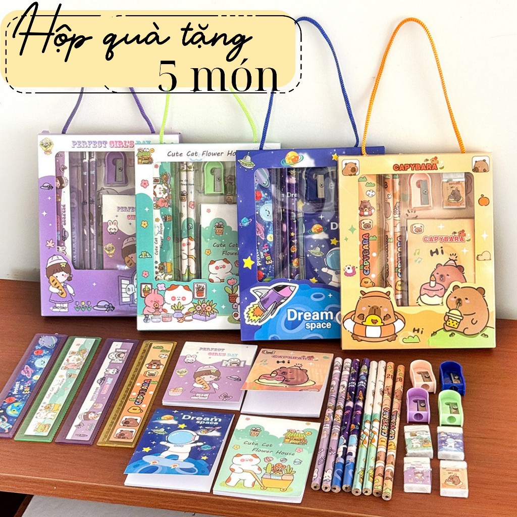 Bộ dụng cụ học tập 5 món capybara dream gồm bút chì + tẩy + thước kẻ + gọt bút chì cho học sinh dễ thương