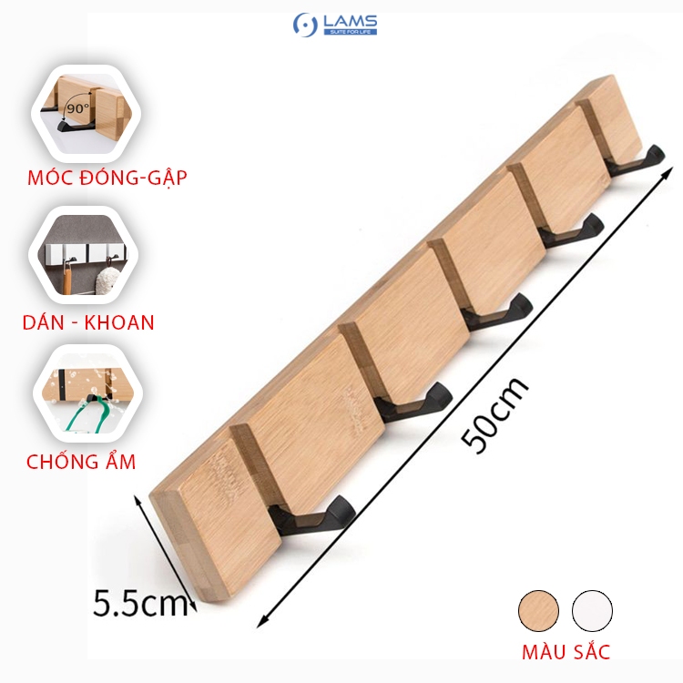 Móc gỗ tự nhiên gắn tường MG18 loại 5 móc thép sơn tĩnh điện mở đóng 90 độ