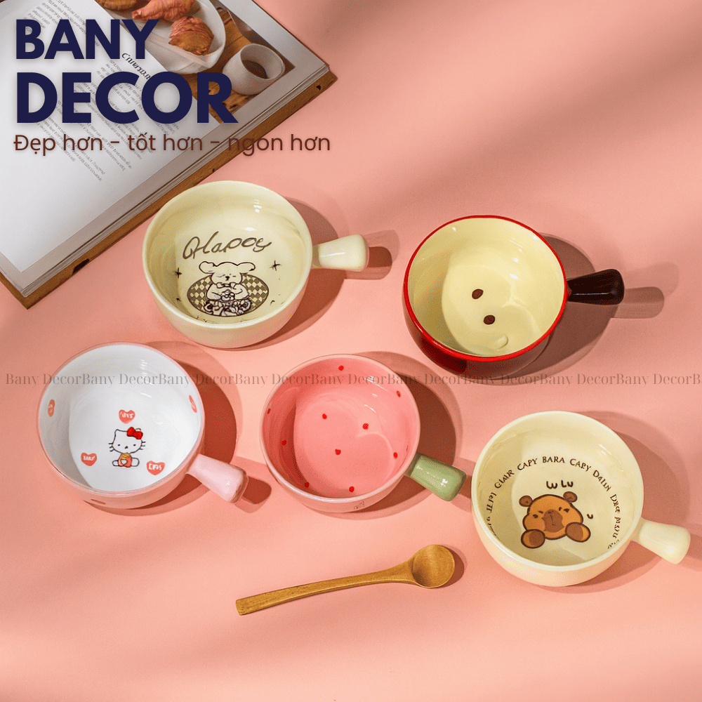 Chảo Béo Thố Sứ Hoạt Hình Có Tay Cầm 21cm – Chén Sứ Ăn Mì, Cháo, Ngũ Cốc, Đựng Salad Đa Năng Dễ Thươ