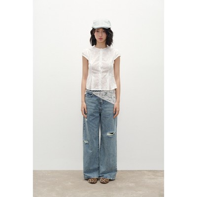 Quần jeans wash dài ống suông rộng màu xanh dương nhạt LIBÉ WORKSHOP 037225