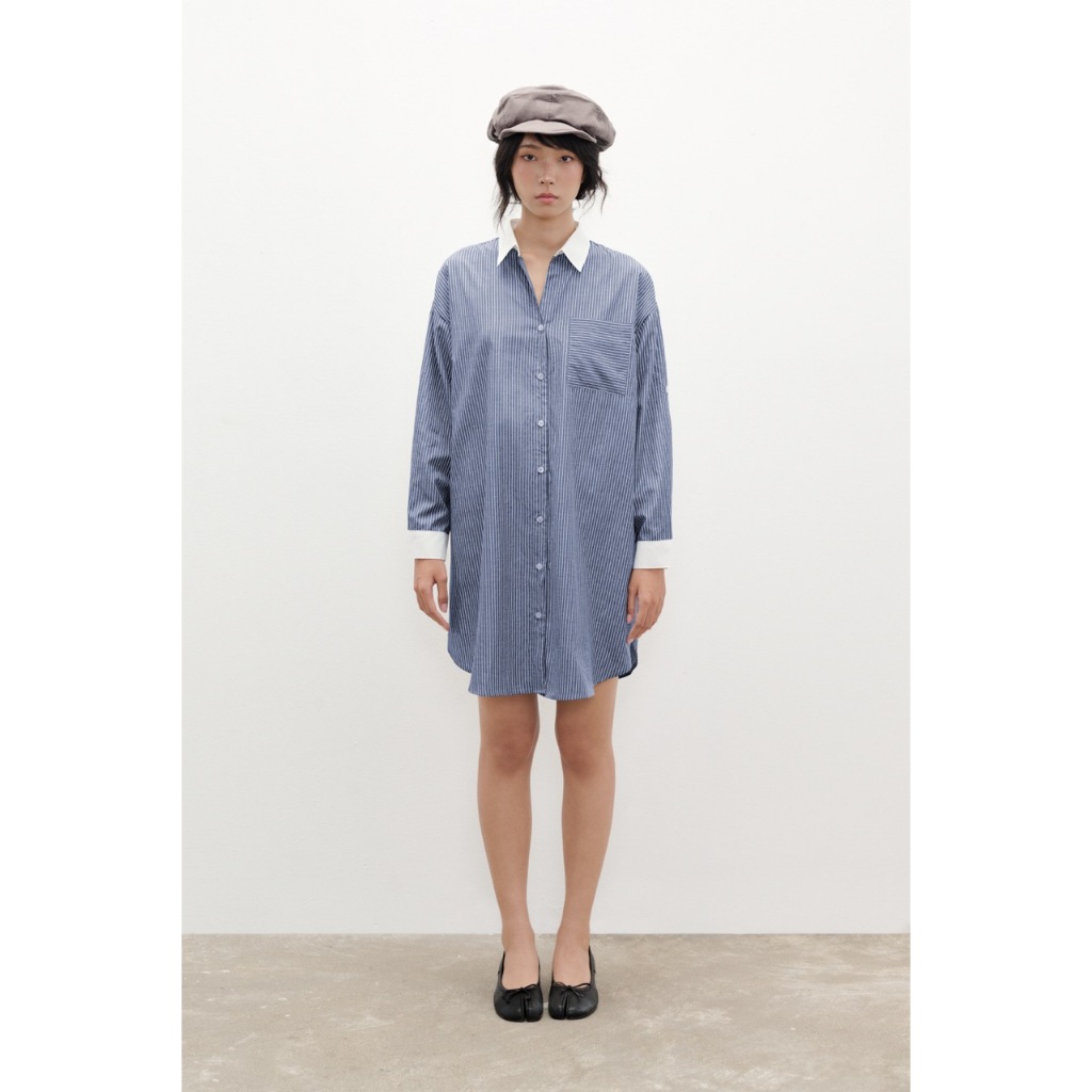 Đầm sơ mi họa tiết sọc xanh dương ngắn trên gối LIBÉ WORKSHOP 477294