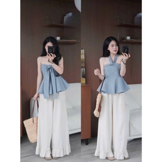  Sét đồ nữ áo sọc cúp ngực đính nơ với thiết kế mặc được 2 kiểu kết hợp quần dài ống rộng trẻ trung hiện đại cho nàng 