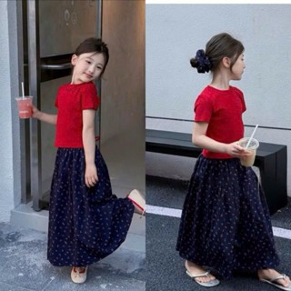 Set váy bé gái, Set áo cotton đỏ nhún dây lưng phối chân váy hoa nhí dài phong cách tươi mới cho bé từ 10-35kg Home Kids