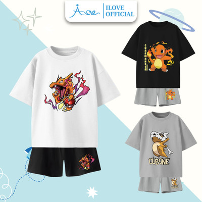 [MỚI] Bộ quần áo thun CỘC TAY cho bé trai AORE, Bộ đùi in hình POKEMON, Cubone, Charmander, Charizard COTTON mềm 9-36kg