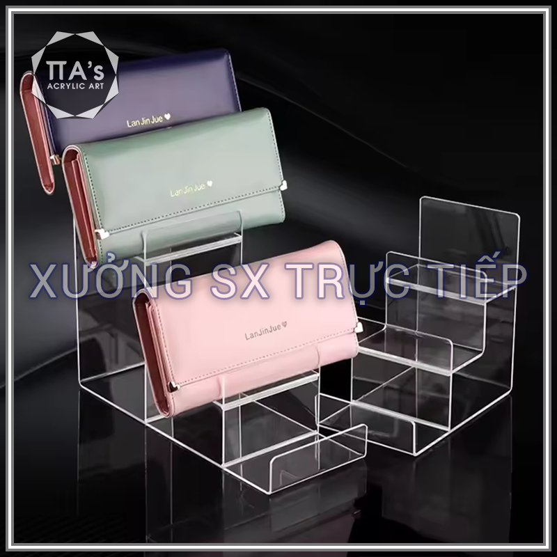 Kệ mica nhiều tầng trưng bày ví, túi xách, kính mắt, mỹ phẩm, kệ mica trưng bày cho shop thời trang