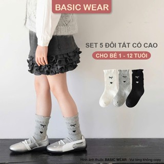 Set 5 Đôi Tất Cổ Cao Cho Bé Gái 1- 12 Tuổi, Tất Cổ Cao Cho Bé Hình Nơ Tim Cổ Bèo Te902
