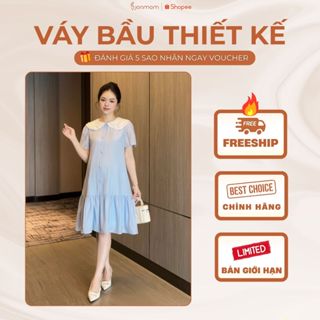 Váy Đầm Bầu Công Sở Tơ Đuôi Cá 2 Lá Cổ Khuy Nơ Thiết Kế Joamom JVB0065