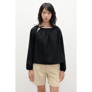 Áo kiểu màu đen tay dài thắt nơ viền cổ LIBÉ WORKSHOP 017310