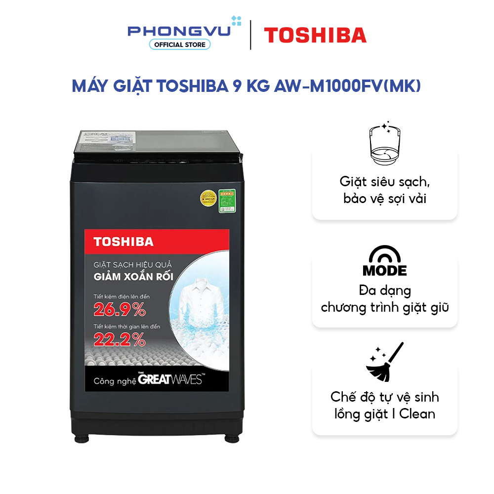 Máy giặt Toshiba 9 kg AW-M1000FV(MK) - Lồng đứng, Bền bỉ, Tiết kiệm điện, Phù hợp gia đình 3-5 người