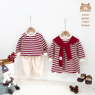 Set đồ đôi cho bé -Áo dài kẻ BE phối ĐỎ và Váy dài kẻ BE phối ĐỎ cho bé của COCANDY mã A4441,V2811