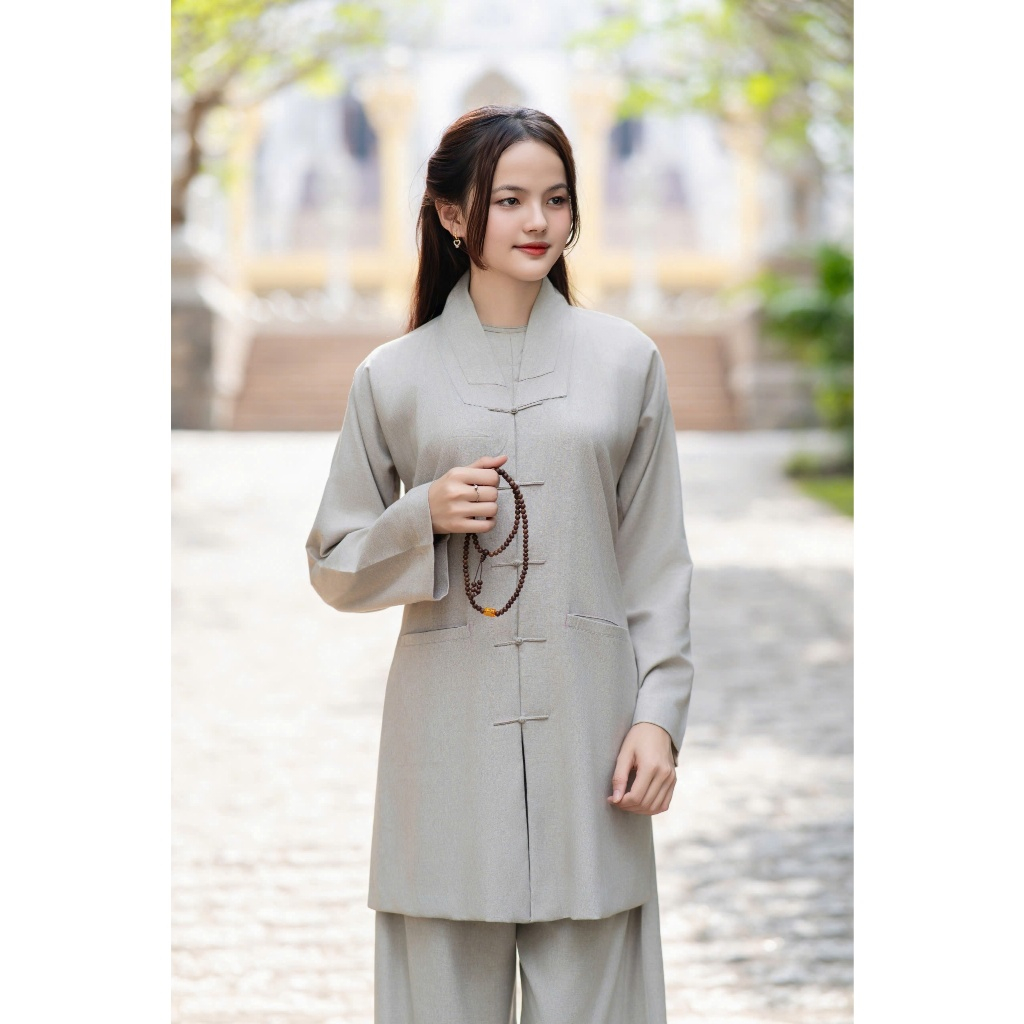 Set La Hán Ni cao cấp vải linen Ấn, áo tay dài quần suông ống rộng có yếm – đồ lam đi chùa ni sư