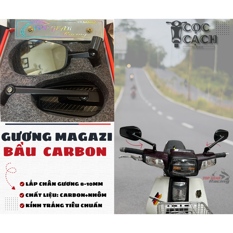 Gương Magazi Bầu Carbon Mặt Kính Trắng Lắp Được Cả Trái Và Phải
