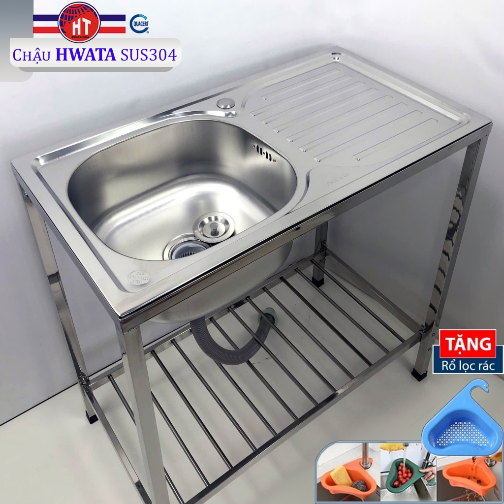 Bộ Chậu Rửa Chén Bát 1 Hộc Có Bàn HWATA Inox 304 Có Chân - 2 lựa chọn Vòi, tặng rổ lọc rác