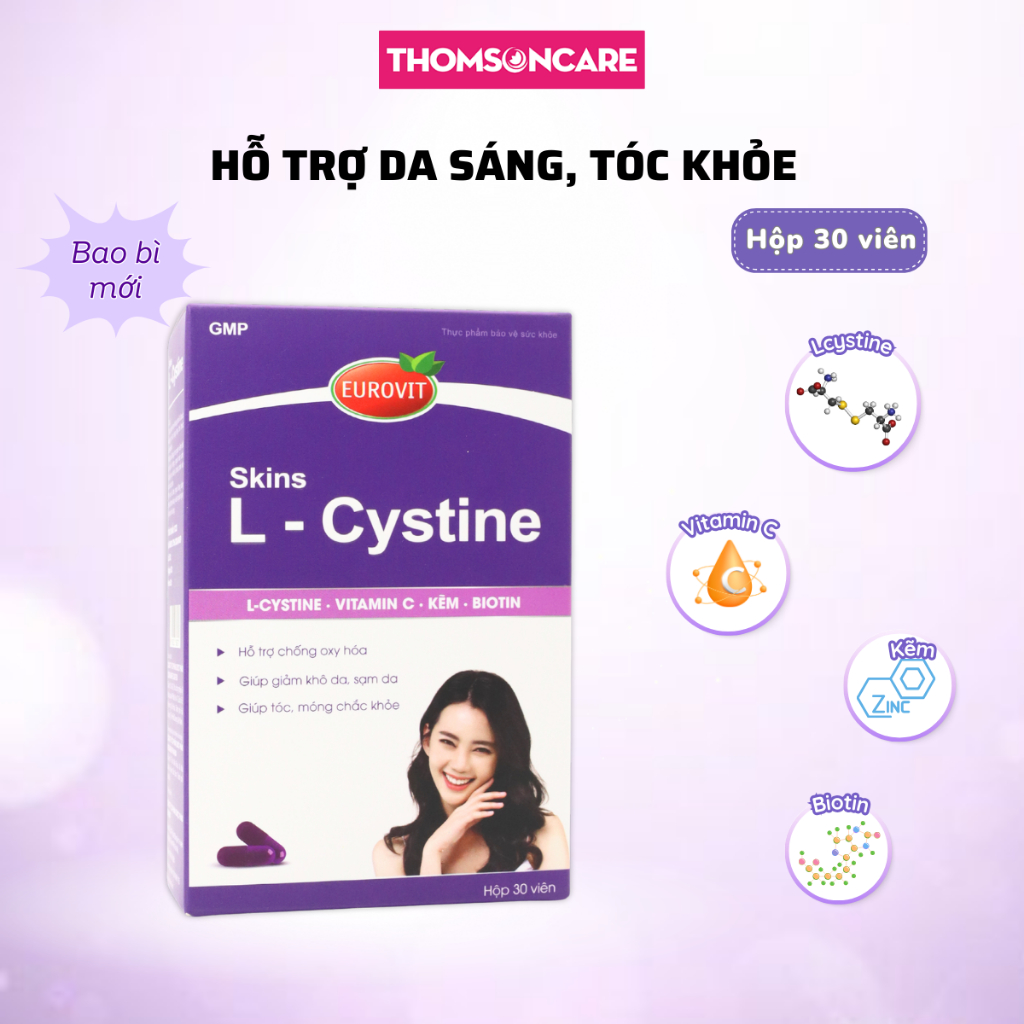 Viên uống mọc tóc Skins Lcystine Eurovit - Hỗ trợ sáng da, tóc khỏe, chống oxy hóa, giảm sạm da - Hộ