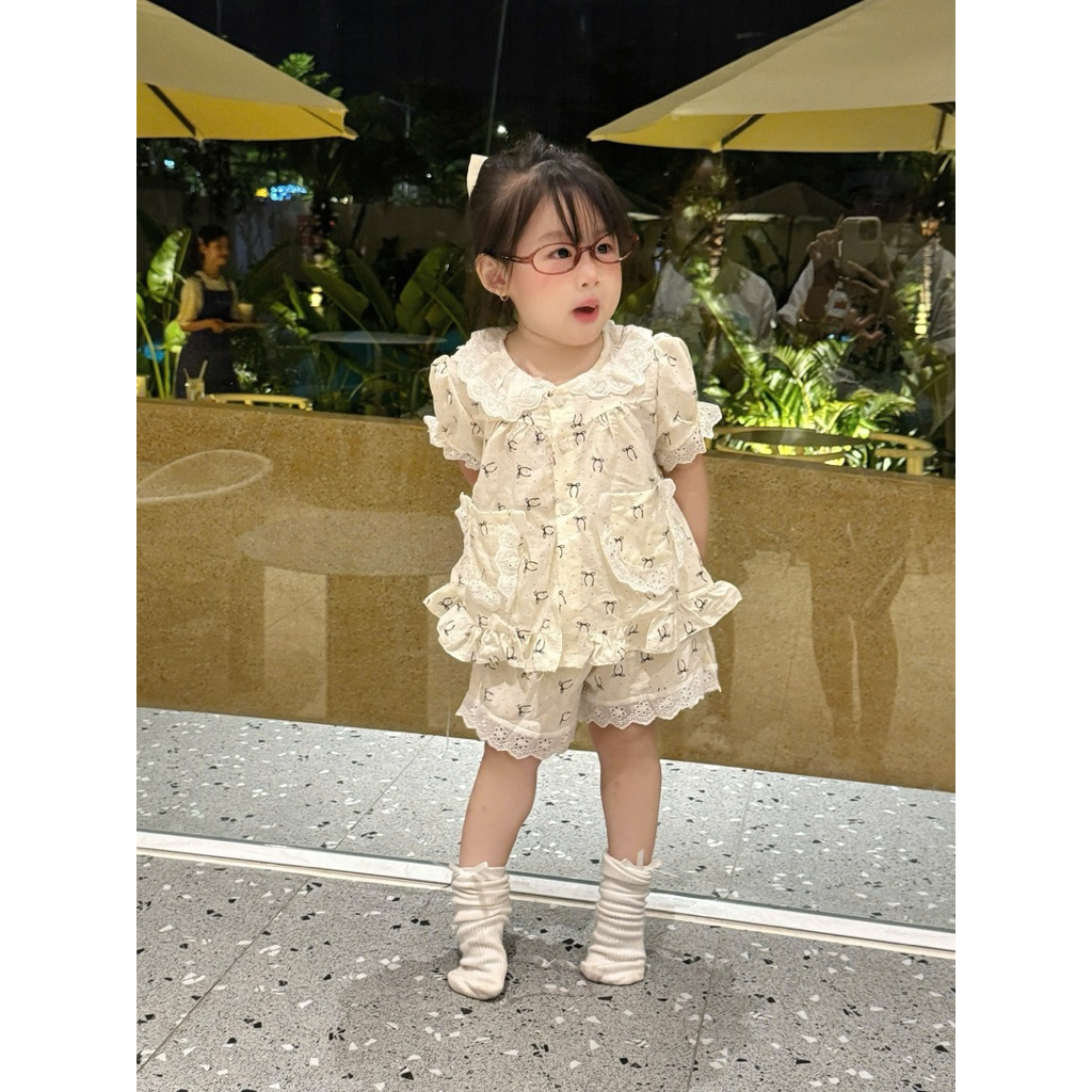 Set đồ đôi mẹ bé, bộ mặc nhà bé gái đũi hàn phối ren điệu đà [8-65kg]_SB06