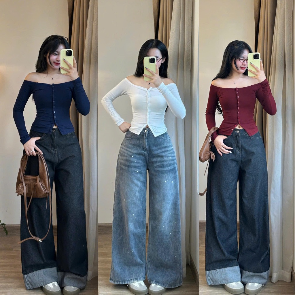 Quần Jean Kiểu Ống Suông Đứng Rộng Baggy Nữ MIAA cạp cao , Quần bò ống rộng suông nữ phong cách Thêu