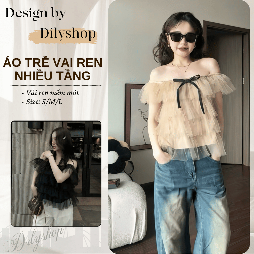 Áo nữ trễ vai ren nhiều tầng Dilyshop dáng tiểu thư công chúa chất ren mềm không ngứa - A124