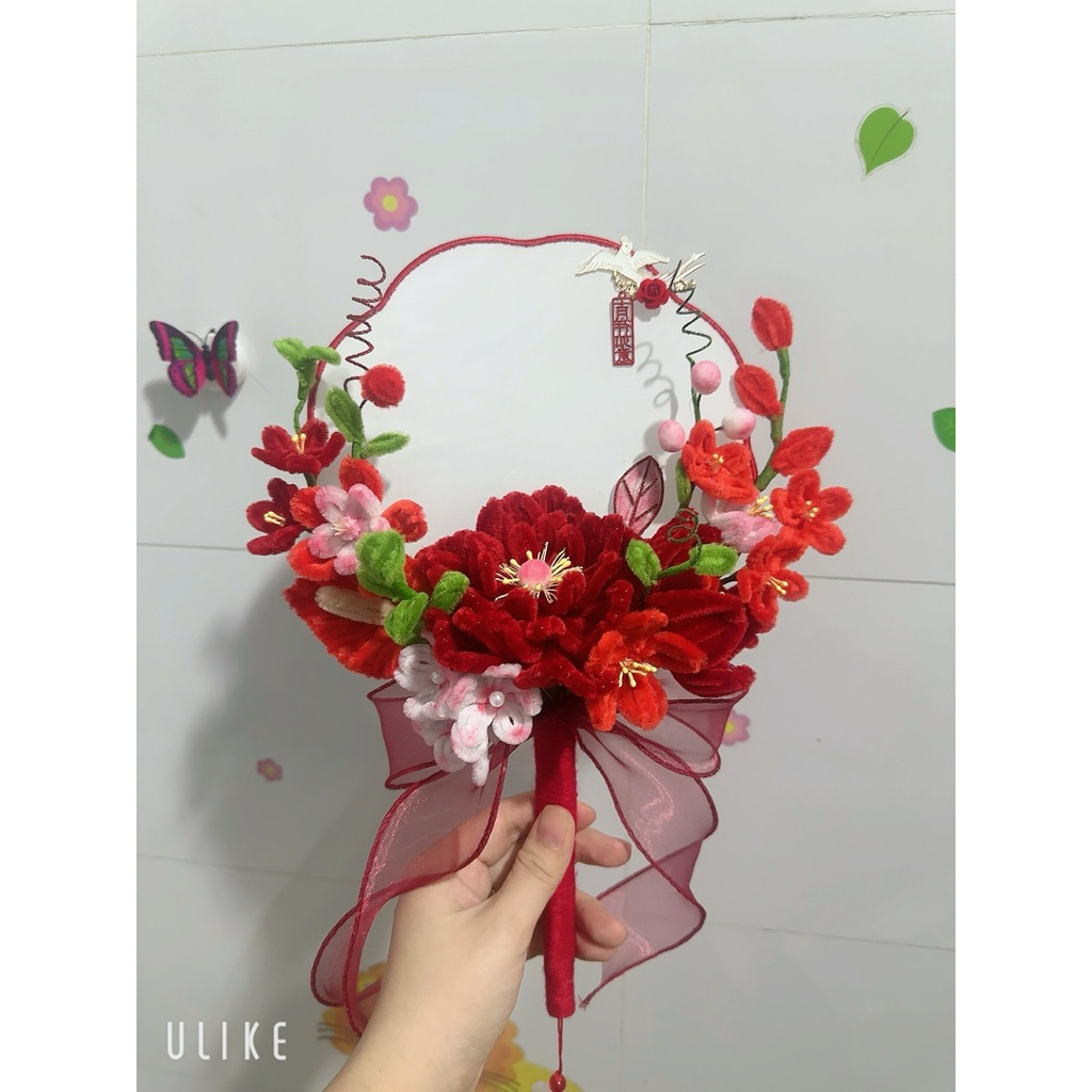 quạt kẽm nhung, quạt cưới, quạt hoa kẽm nhung, quạt hỷ