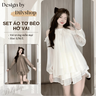 Set áo tơ bèo hở vai kèm chân váy xòe 2 tầng Dilyshop chất tơ óng mềm mại nhẹ nhàng thoáng mát - V01