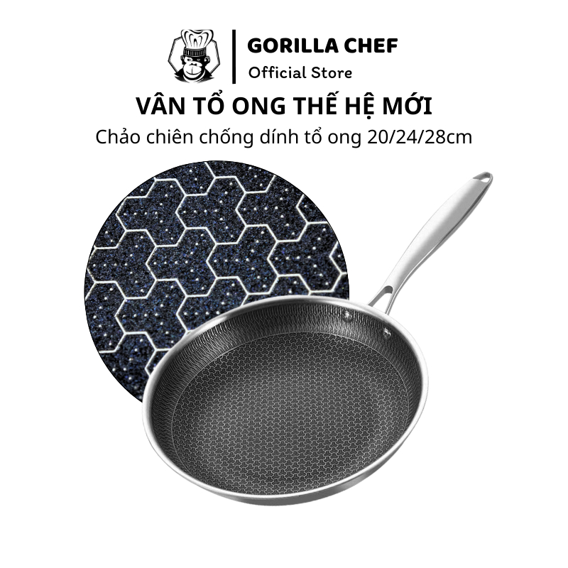  Chảo chống dính vân tổ ong inox 304 Gorilla Chef 5 lớp dùng trên mọi loại bếp 