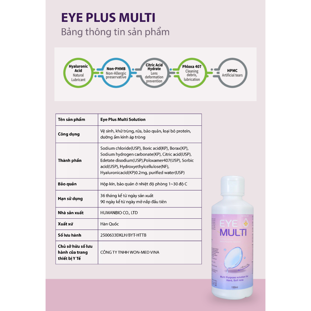 Nước ngâm lens VIVIMOON dung dịch làm sạch, khử trùng, bảo quản kính áp tròng EYE PLUS MULTI SOLUTION 150ml | BigBuy360 - bigbuy360.vn