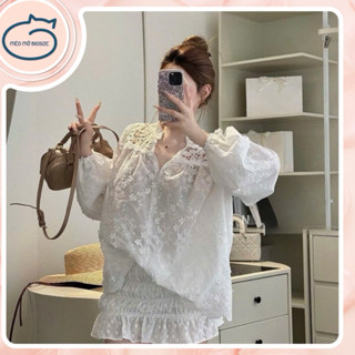  Set áo ren hoa boi thêu phối chân váy nhúng bèo ngắn màu trắng Mèo Mỡ Bigsize 55–95kg – Set nữ xinh 