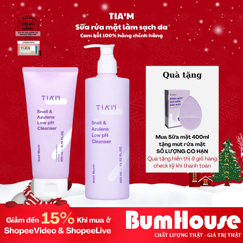 Sữa rửa mặt làm sạch da, cấp ẩm da pH thấp TIAM Snail & Azulene 200ml/400ml | BigBuy360 - bigbuy360.vn