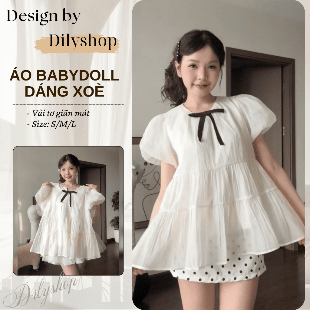 (ÁO KÈM NƠ) Áo nữ kiểu babydoll xoè tay bồng tiểu thư công chúa Dilyshop chất tơ xốp mềm mịn không nhăn - A125 | BigBuy360 - bigbuy360.vn