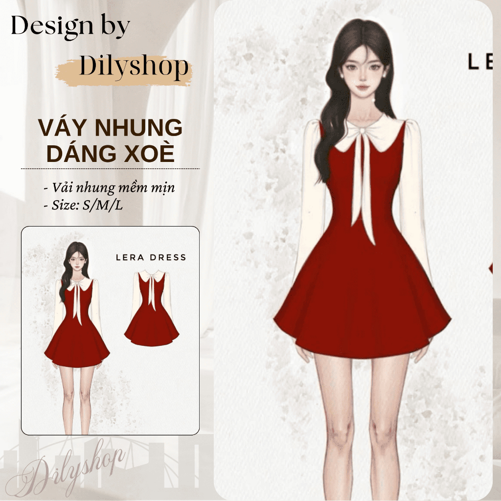 Leradress Váy nhung dáng xoè Dilyshop thiết kế phối tay tơ nơ cổ bản to phong cách tiểu thư