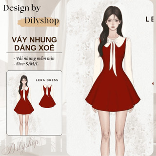  Leradress Váy nhung dáng xoè Dilyshop thiết kế phối tay tơ nơ cổ bản to phong cách tiểu thư 